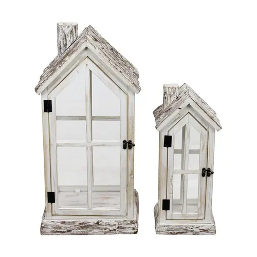 Lanterne en bois de sapin forme maison blanche avec verre petit modèle - 18 x 15 x 42 cm