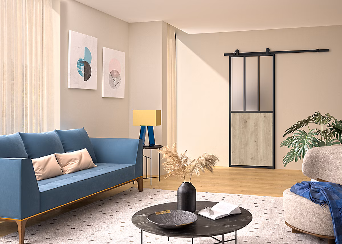Kit porte coulissante atelier noire – vitrage dépoli avec rail apparent 93 × 204 cm, Optimum