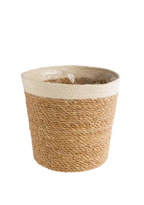 Cache-pot vannerie naturelle avec rebord blanc coloris beige - 18 x 16 x 13,5 cm