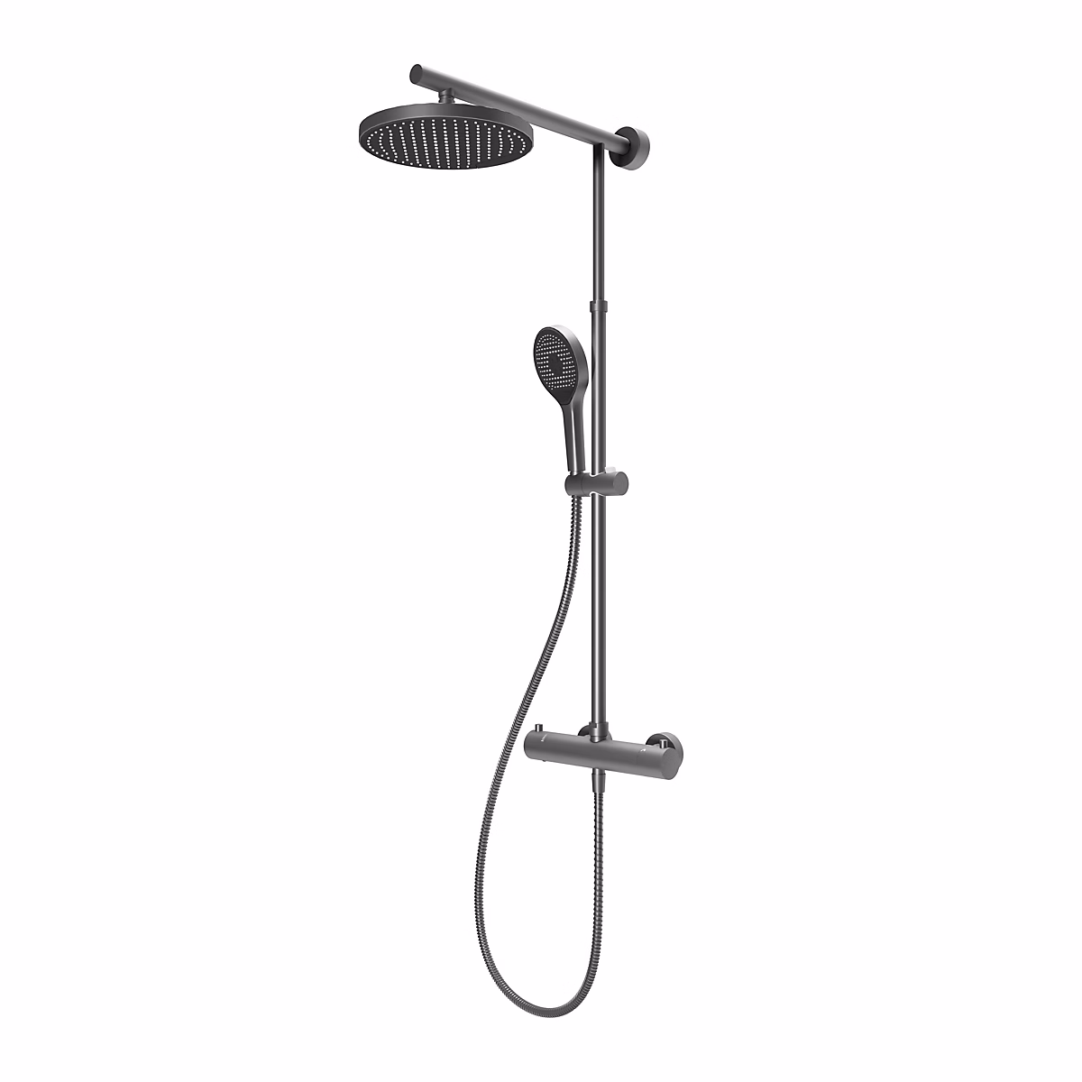 Colonne de douche thermostatique avec pommeau + douchette + flexible + barre réglable – coloris gun metal, Schulte Rain