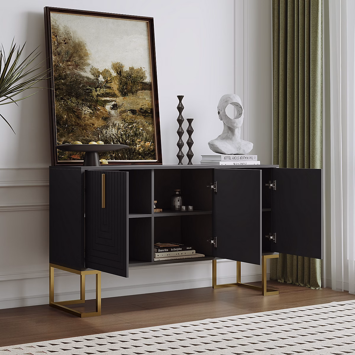 Buffet Moderne 3 Portes avec Étagères Réglables – Meuble de Rangement design pour Cuisine et Salon, Noir, 138x40x80.5 cm