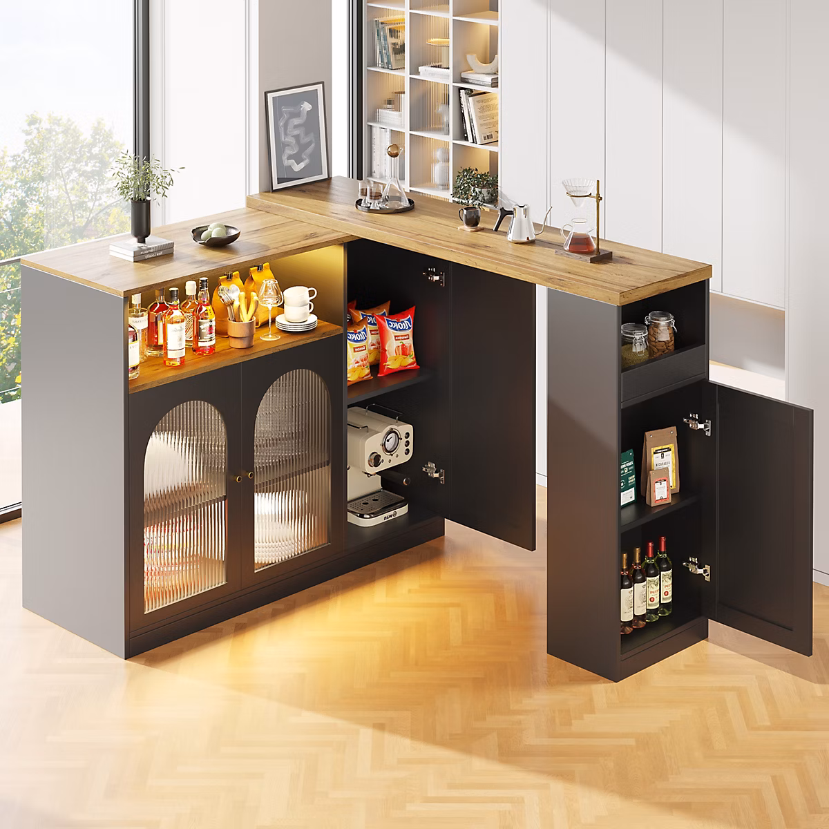 Îlot de Cuisine Moderne avec Rangement et Vitrine en Verre – Plateau en Bois MDF avec LED Intégrée, Noir, 108x39, 6 × 97 cm