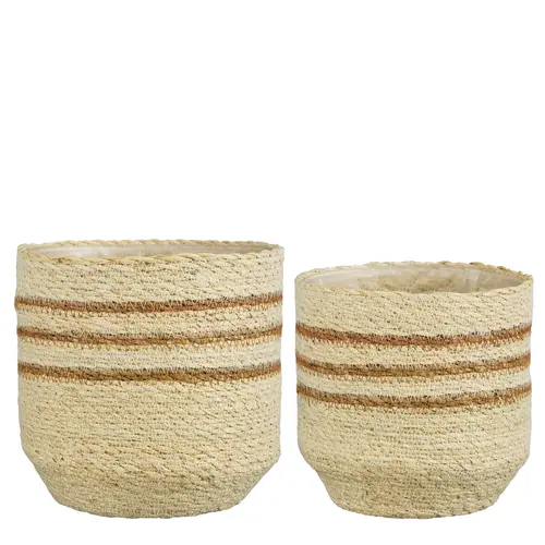 Panier rond en zostère coloris blanc rayé marron Lena - Ø 18 x H 18 cm
