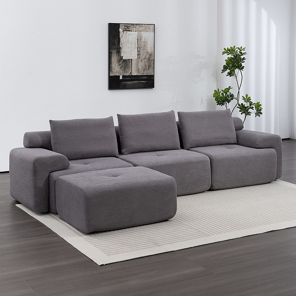 Canapé d'angle en L – mousse à mémoire, convertible en lit, tissu cordé, modulaire