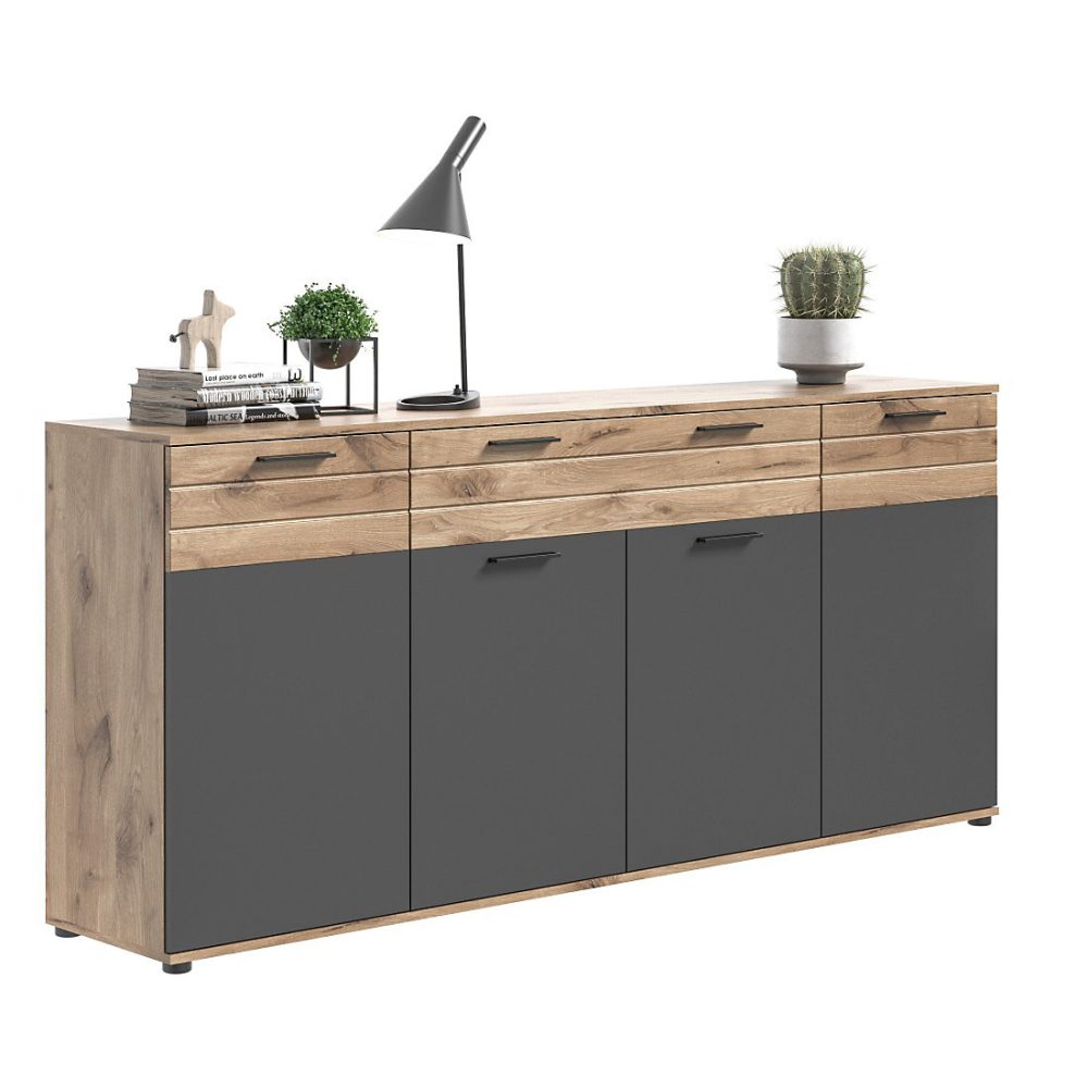 Buffet 4 portes – 1 tiroir Gris anthracite et chene clair SELMA