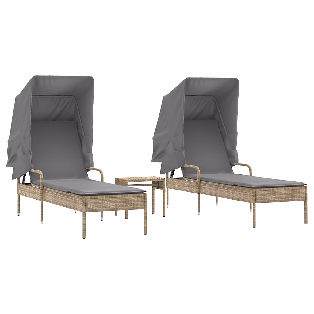 Chaises longues avec auvents et table beige poly rotin vidaXL – lot de 2