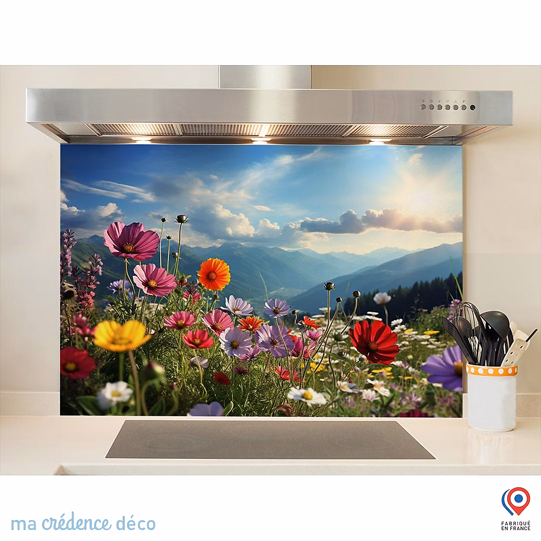 Crédence cuisine fond de hotte fleurs et montagnes – Verre trempé, L 90 cm x H 70 cm, MaCrédenceDéco