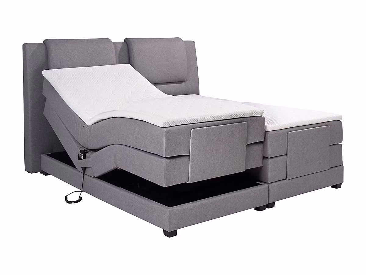 Ensemble complet boxspring tête de lit + sommiers relaxation électrique + matelas + surmatelas – 2 × 90 × 200 cm, Tissu, Gris
