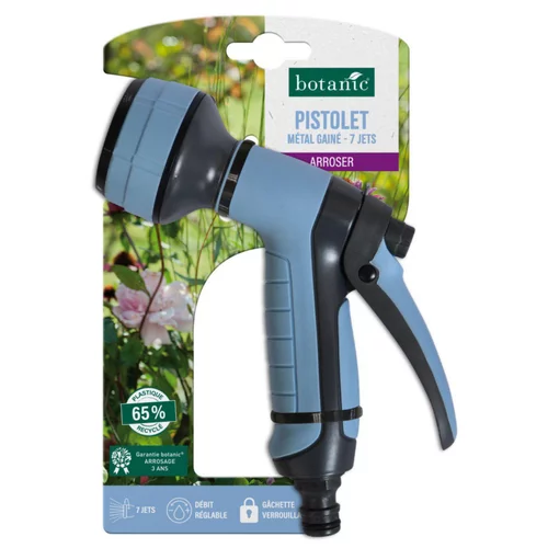 Pistolet en métal gainé botanic® - 7 jets avec débit réglable et gâchette verrouillable