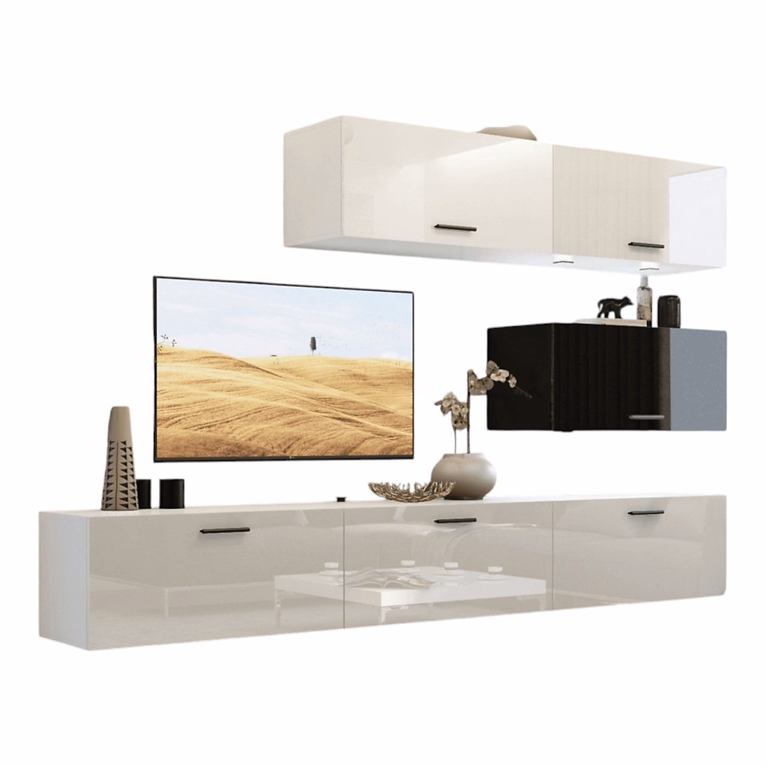 Ensemble de meubles de salon blanc et noir – suspendus collection CEPTO XXV. 249cm, 6 meubles, leds, modulables.