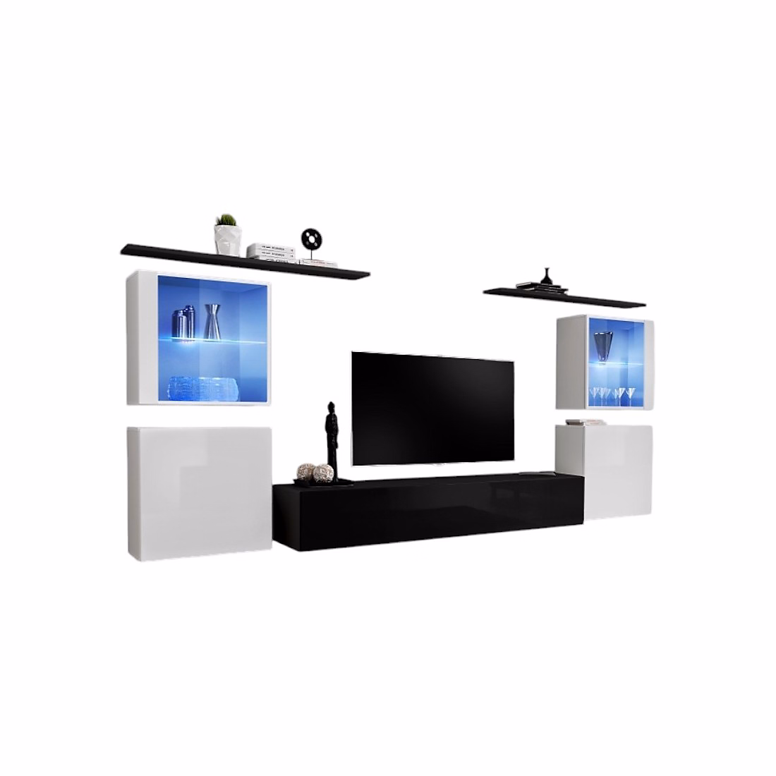Composition murale SWITCH XIV meuble TV suspendu noir et blanc brillant avec LED – Réf. NBWFFRFTC8951027189
