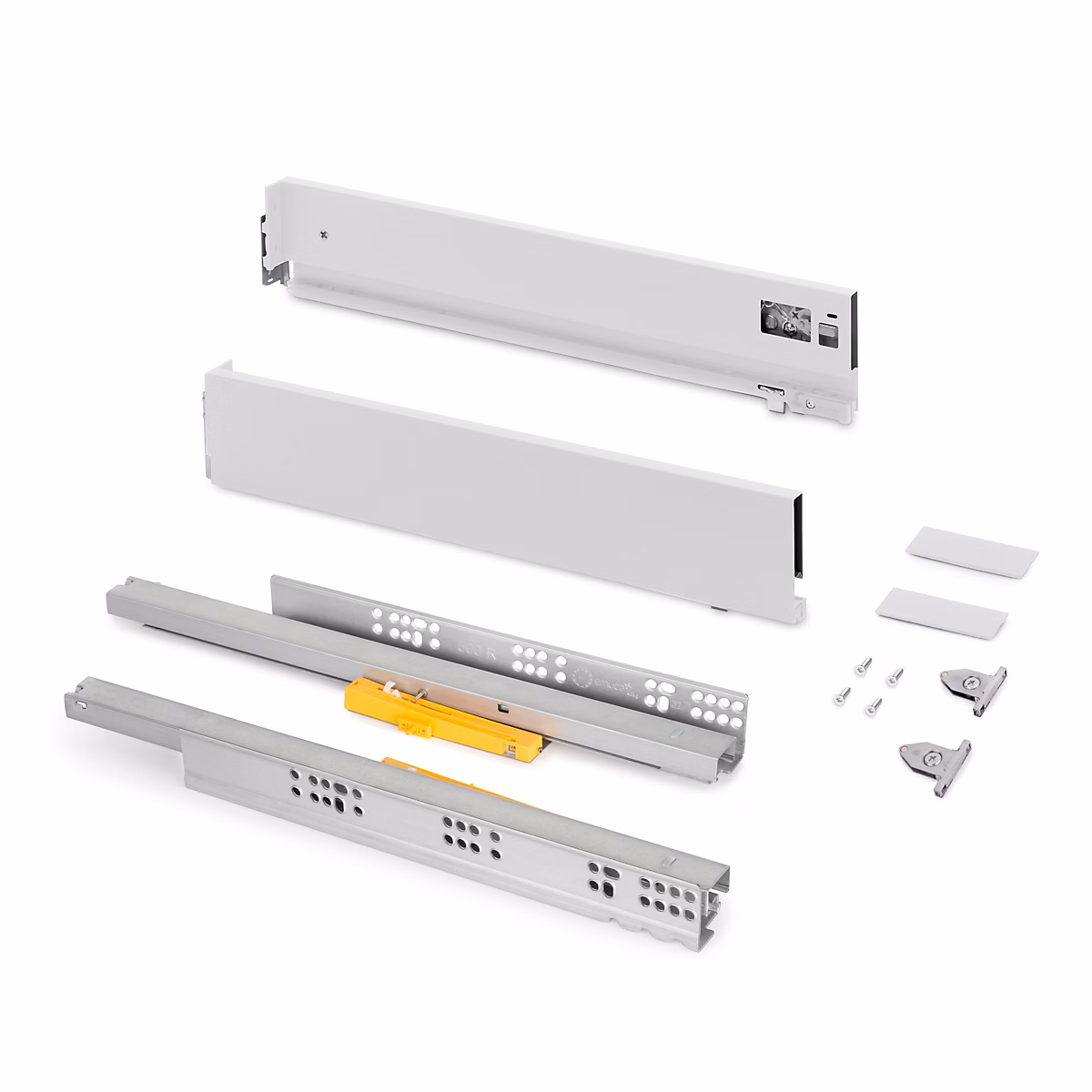 Emuca Tiroir extérieur Vertex Push Synchro avec réglages 3D | hauteur 93mm – 40kg – profondeur 450mm – Acier – Peint en blanc