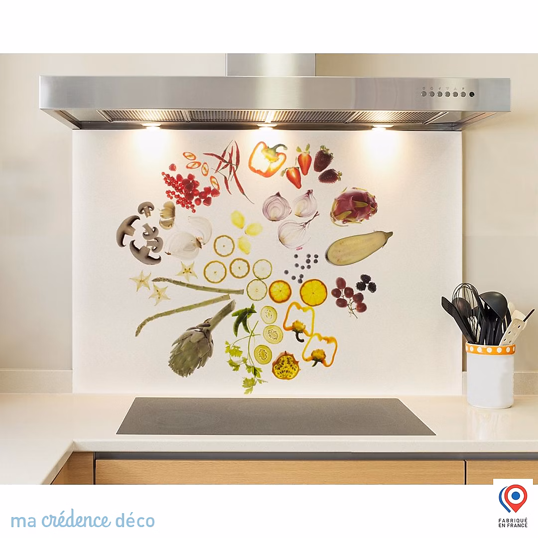 Crédence cuisine fond de hotte Légumes sur fond blanc – Verre trempé | L 90 cm x H 70 cm | MaCrédenceDéco