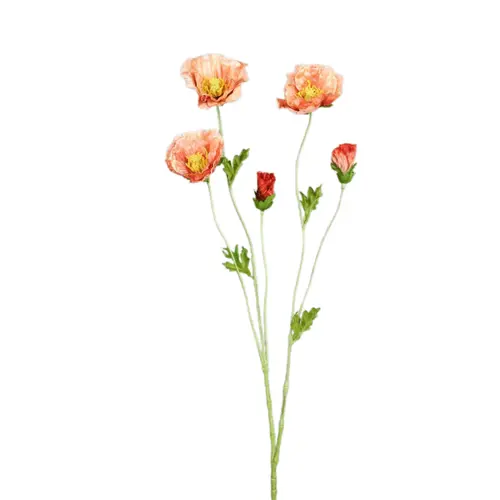 Branche de pavot artificiel pêche à 3 fleurs et 2 boutons - 65 cm