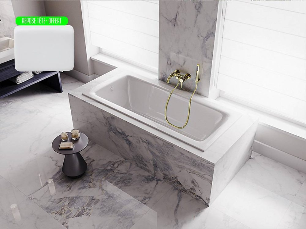 Baignoire rectangulaire blanche à encastrer + repose tête | 160 × 75 cm – TALIA SLIM