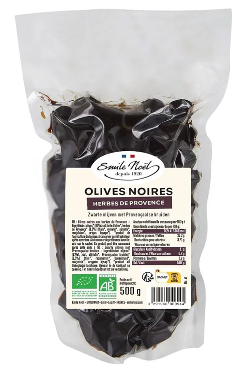 Olives noires aux herbes de Provence bio en sachet de 500 g