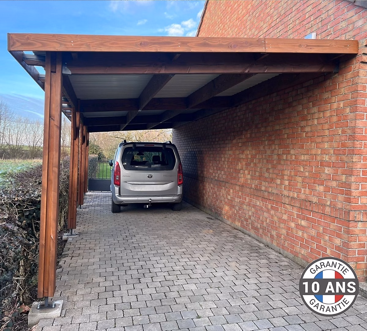 Carport adossé toit plat 350cmx950cm – bois DOUGLAS Français (Charpente en bois | auvent | abri voiture) 34 m². Garantie 10 ans