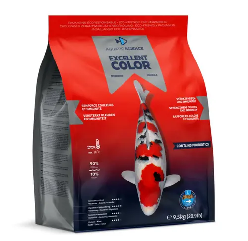Nourriture complète premium pour koïs de minimum 25 cm de long Aquatic Science Excellent Color - Taille L sac de 9,5 kg