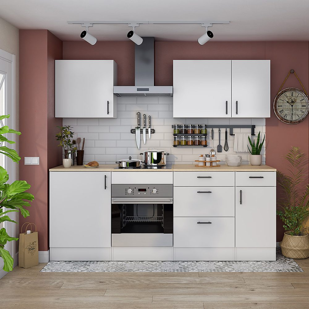 Ensemble de cuisine composé de 7 éléments blanc brillant/chêne canadien – Réf. GKTOXQBRW7586716797