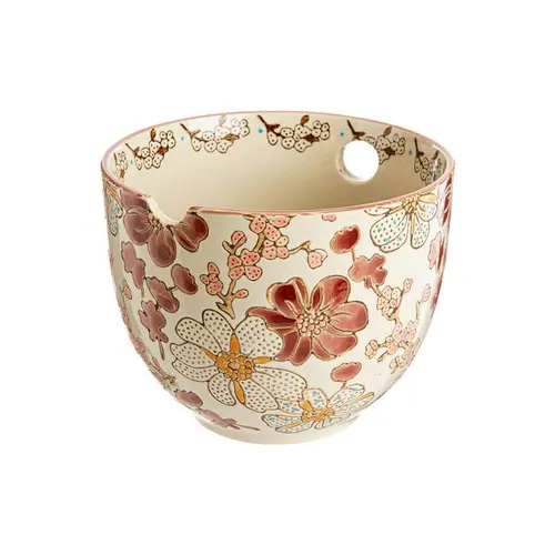 Bonbonnière en grès beige à motifs floraux pourpre Kiyo - Ø 10 x 9 cm
