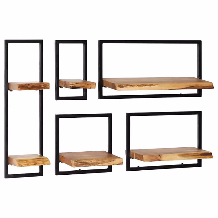 Ensemble d'étagères murales en bois d'acacia massif et acier | vidaXL – 5 pcs – Brun – Salon