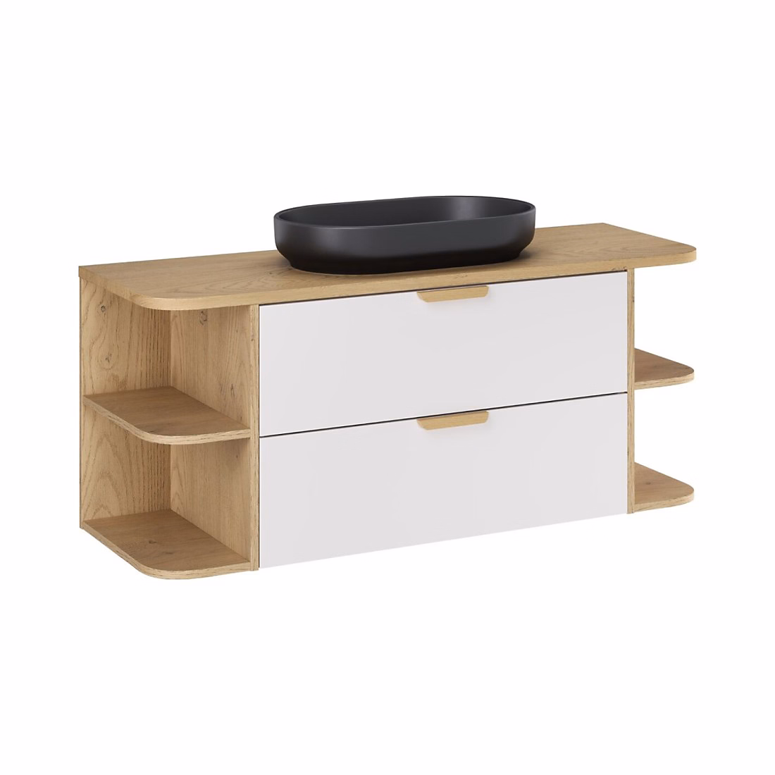 Meuble vasque – Ensemble OSTER 120cm : meubles sous vasque à tiroirs avec niches visibles et plan pour vasque et vasque à poser noire ovale