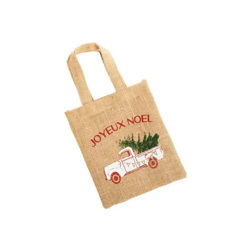 Petit sac en jute décor sapin dans van beige, blanc et vert - 20 x 24 cm