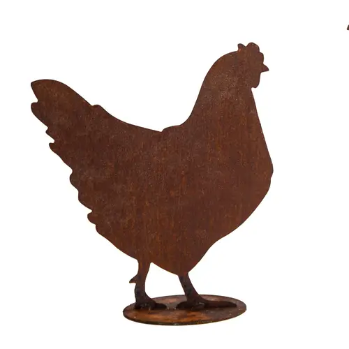 Poule décorative coloris marron en métal rouillé - 34 x 39 cm