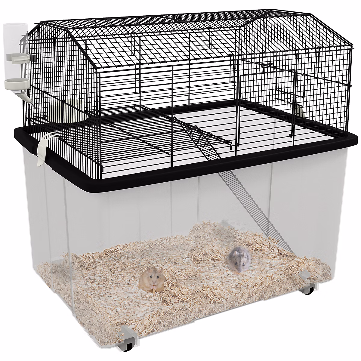 Cage rongeur hamster 2 étages – roulettes | plateforme | échelle | accessoires | PP transparent acier noir