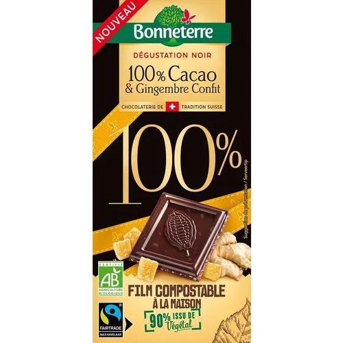 Tablette de chocolat 100 % cacao et gingembre confit bio Bonneterre - 90 g