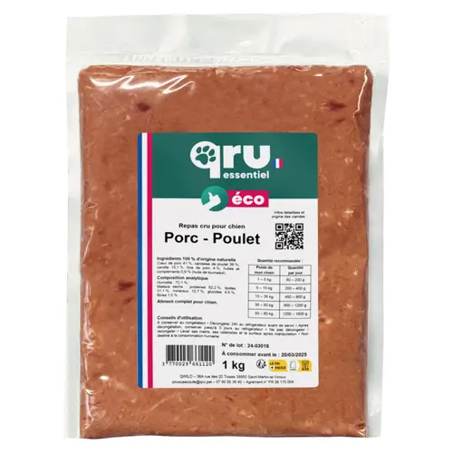 Aliment cru pour chien repas porc Qru Essentiel congelé - 1 kg