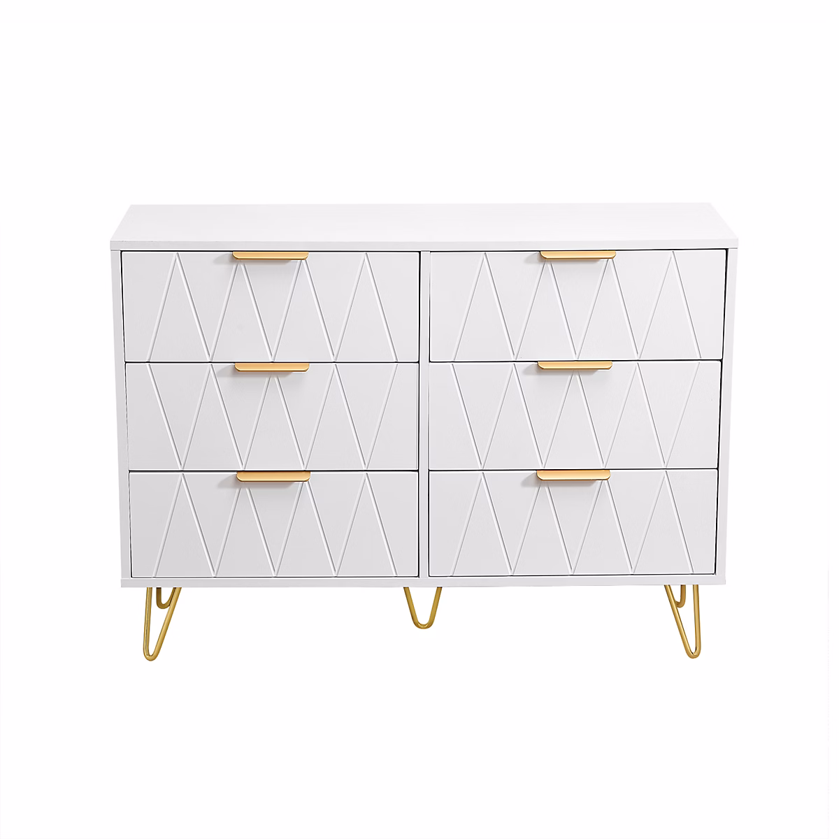 Buffet bas avec 6 Tiroirs – Commode | Bois MDF et métal doré | 100 × 34 × 73cm | Blanc