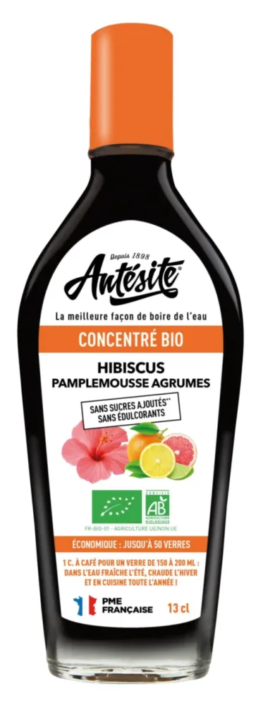 Concentré bio Hibiscus Pamplemousse Agrumes Antésite - Bouteille de sirop de 13 cl