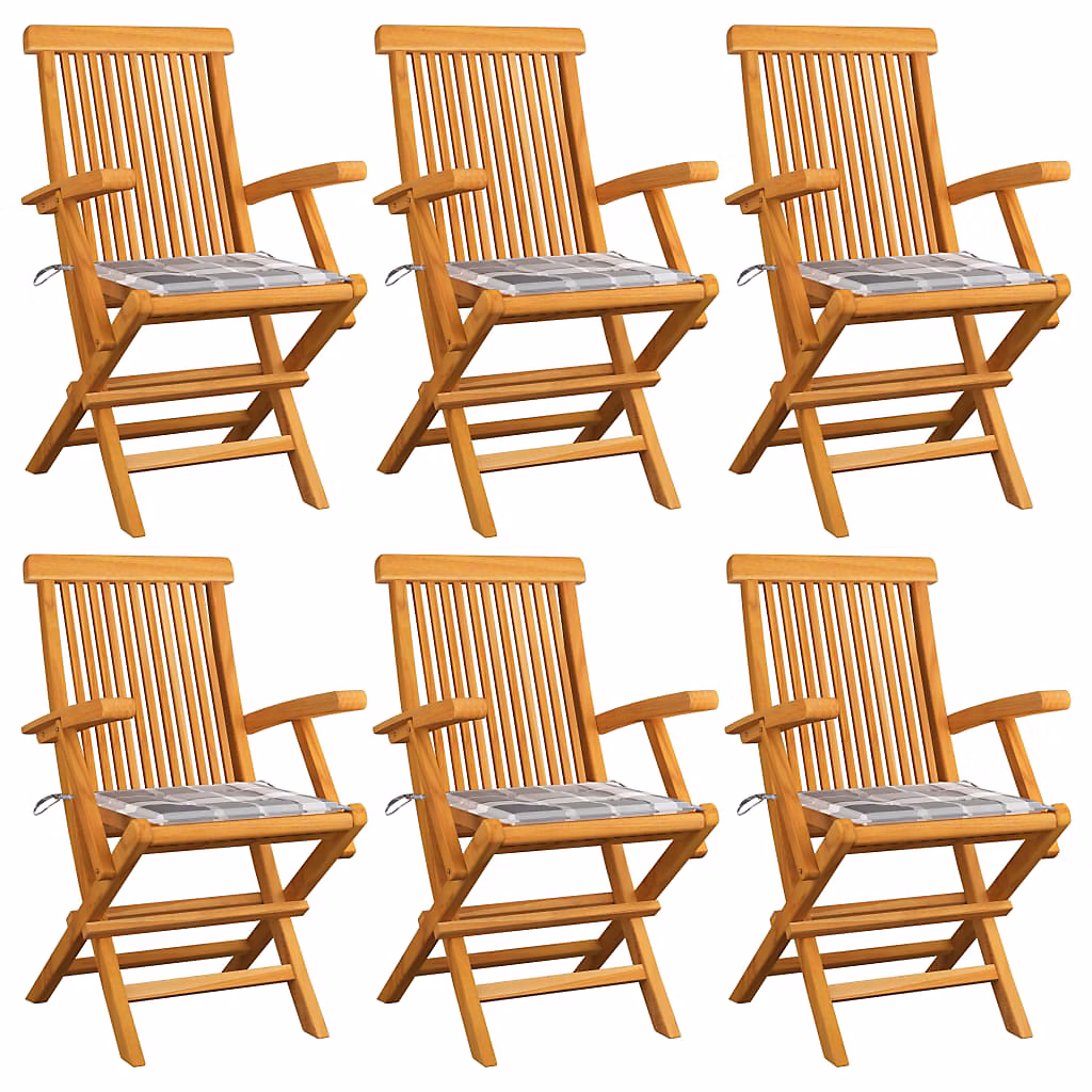 Chaises pliantes – coussins à carreaux gris, 6 pièces, bois de teck massif vidaXL