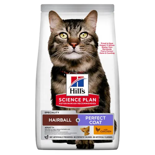 Croquettes pour chat adulte de 1 an et + au poulet boules de poils Hill's Science Plan Feline Hairball & Perfect Coat - 3 kg
