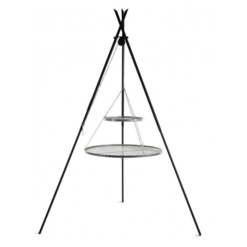 Barbecue 2 Grilles de Cuisson suspendu «TIPI» sur Trépied 210 cm – en acier inox 80 cm et 40 cm - Réf 111449