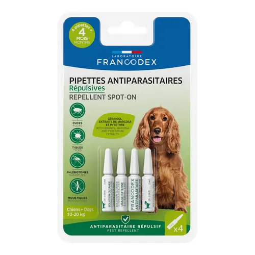 Pipettes antiparasitaires répulsives pour chien 10 à 20 kg Francodex - 4 x 2 ml