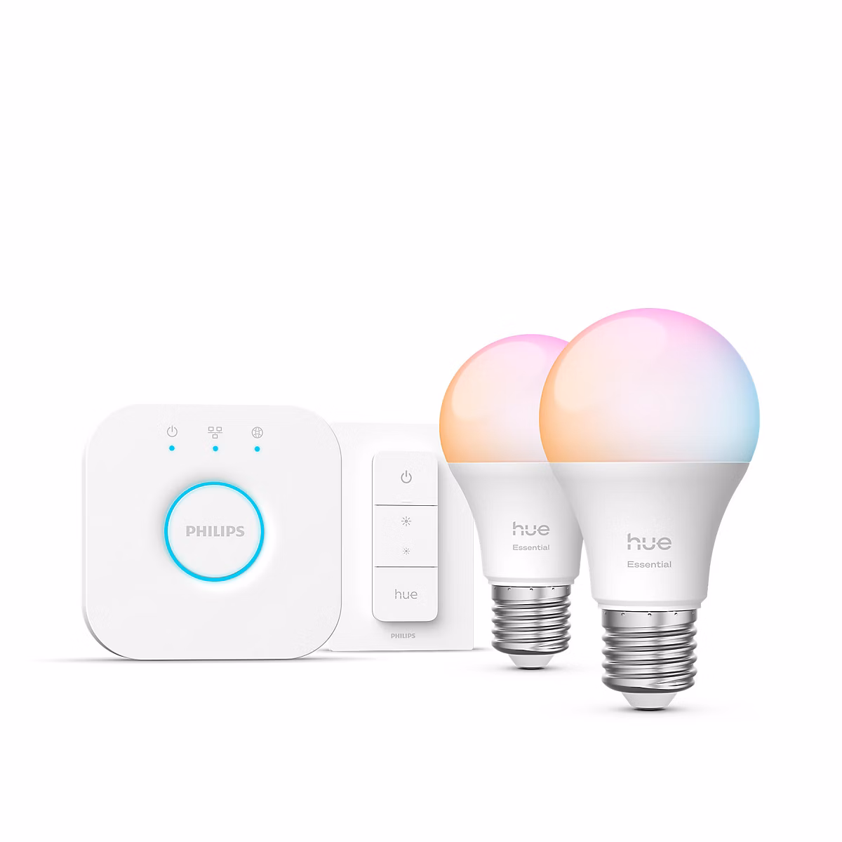 Kit démarrage éclairage connecté E27 – 2 ampoules LED RGB + blanc 806 lm, pont Hue Bridge et variateur sans fil Philips Hue