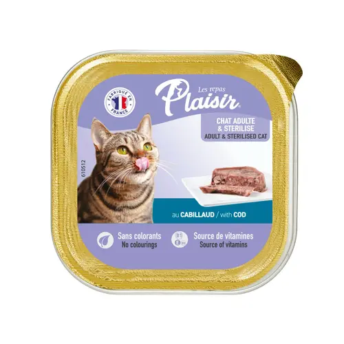 Aliment humide chat stérilisé Plaisir cabillaud en barquette de 100 g
