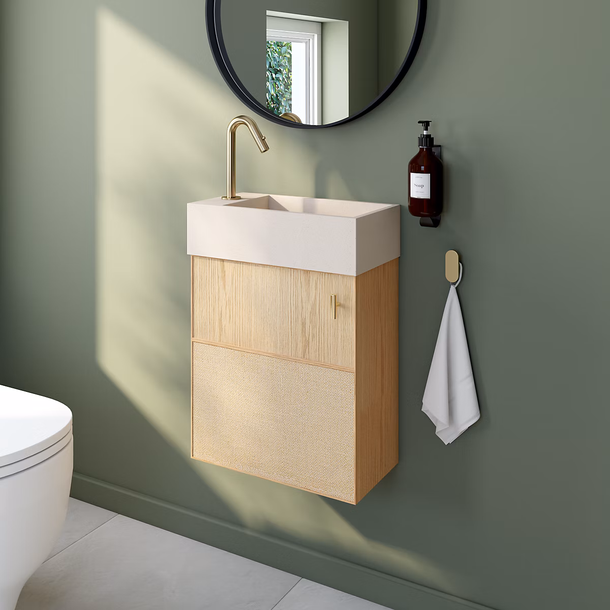 Meuble lave | mains Java effet chêne clair et jute l.44 cm + plan vasque lave – mains béton moucheté Homesight