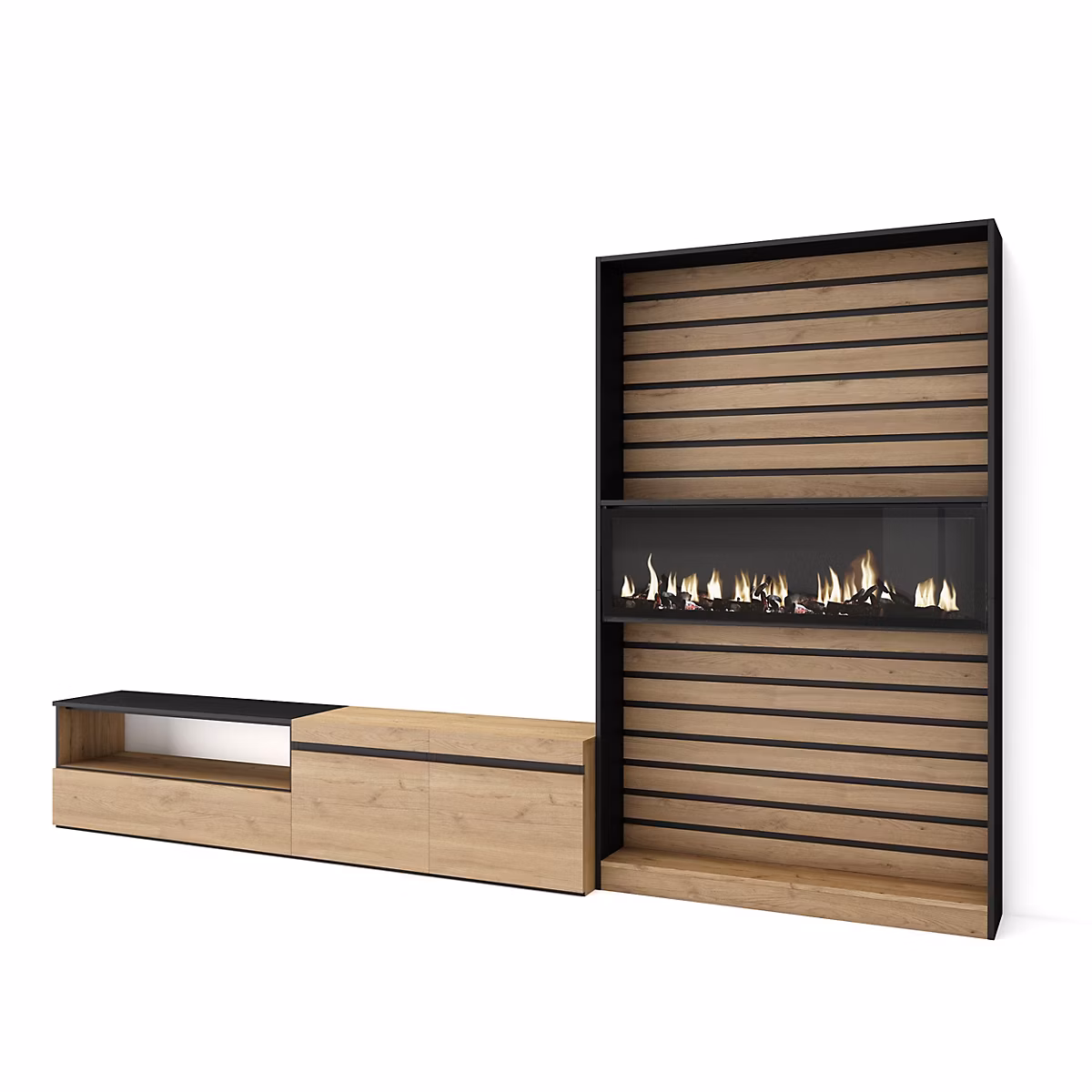 Ensemble meuble TV 310 × 35 × 186cm feu led sans chaleur chêne et noir