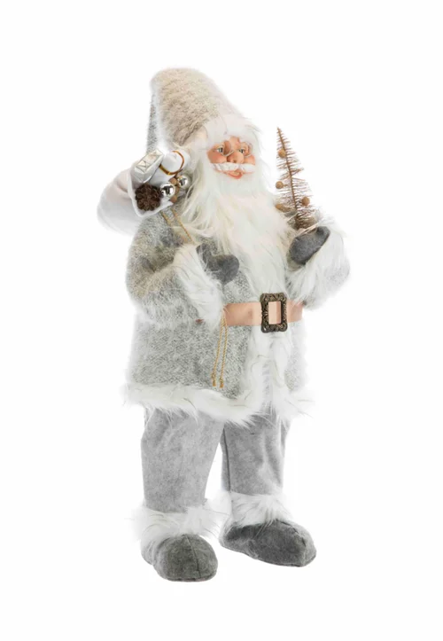 Père Noël en tissu gris et blanc avec hotte de cadeaux et sapin - 120 cm