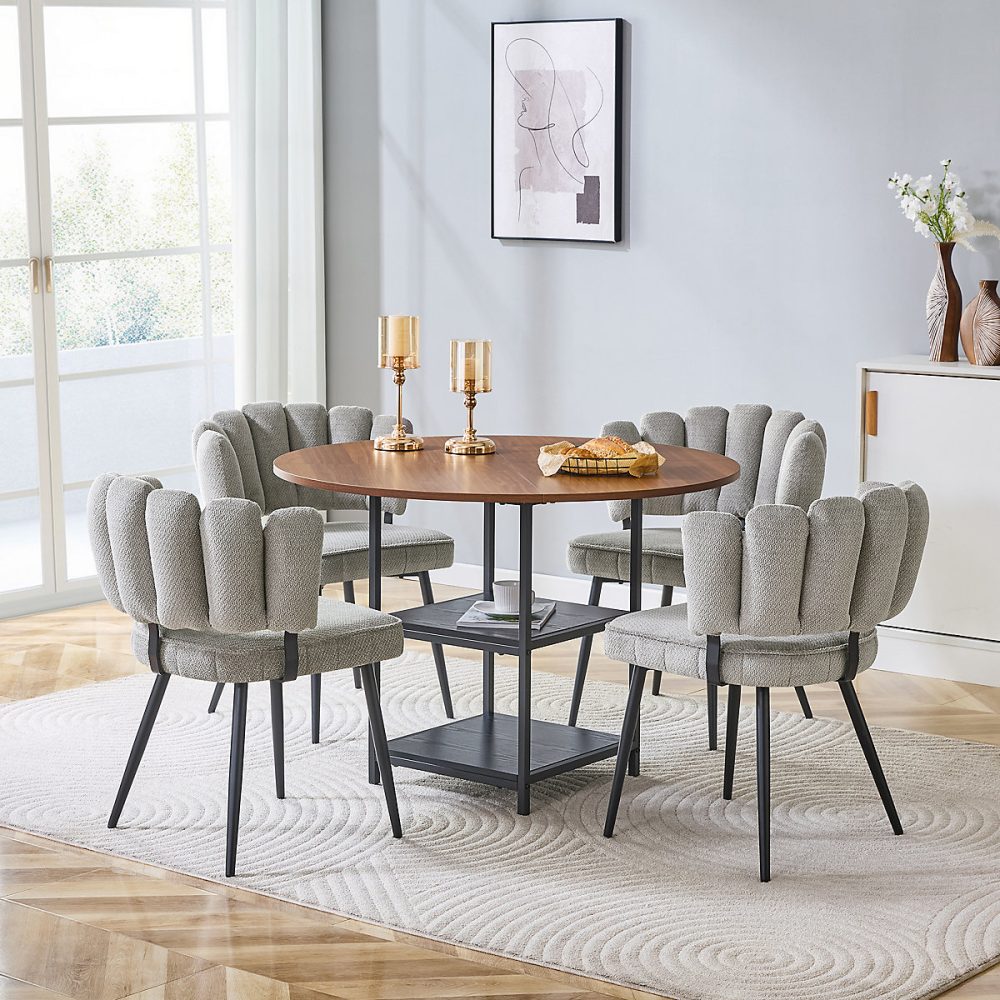 Ensemble table et chaise – Ensemble table et 4 chaises rondes 107 cm en MDF noyer et métal noir