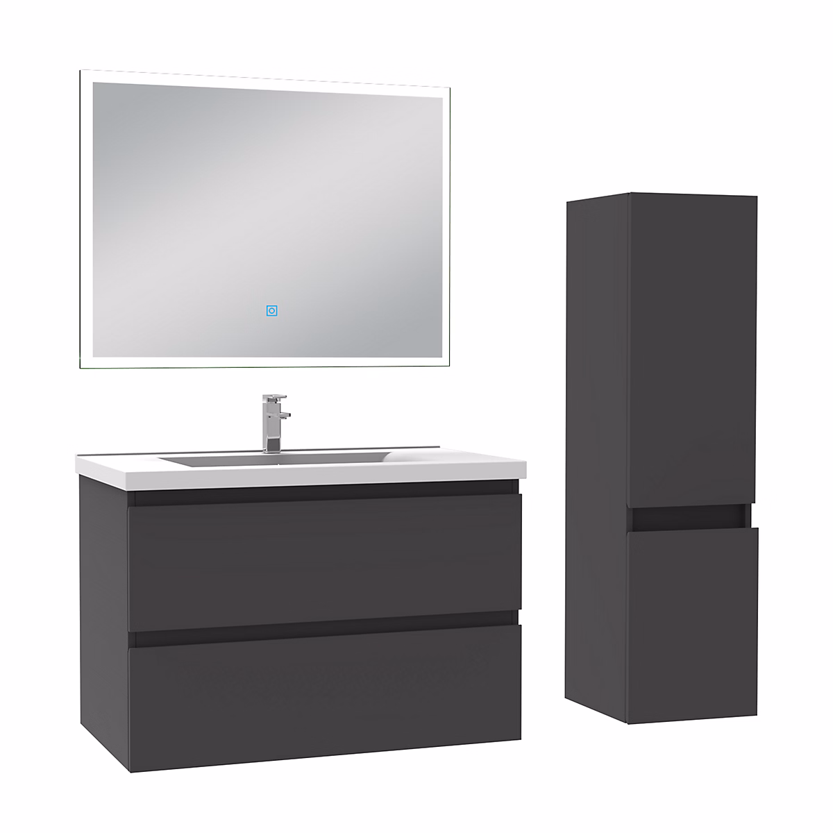 Ensemble meuble Salle de Bain 80cm avec vasque et colonne et miroir lumineux 3 couleurs anthracite – Réf. QDQRJWGHO8631391011