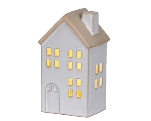 Maison en porcelaine blanche avec LED fixe blanc chaud pour intérieur - 6,2 x 7,4 x 12,7 cm