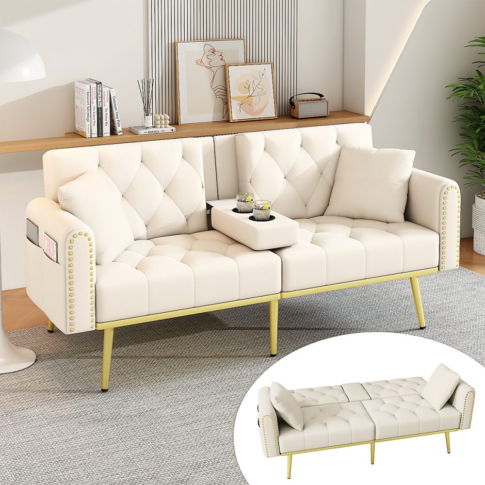 Canapé convertible 2 places en velours beige – dossier 3 positions | avec porte | gobelet et coussins