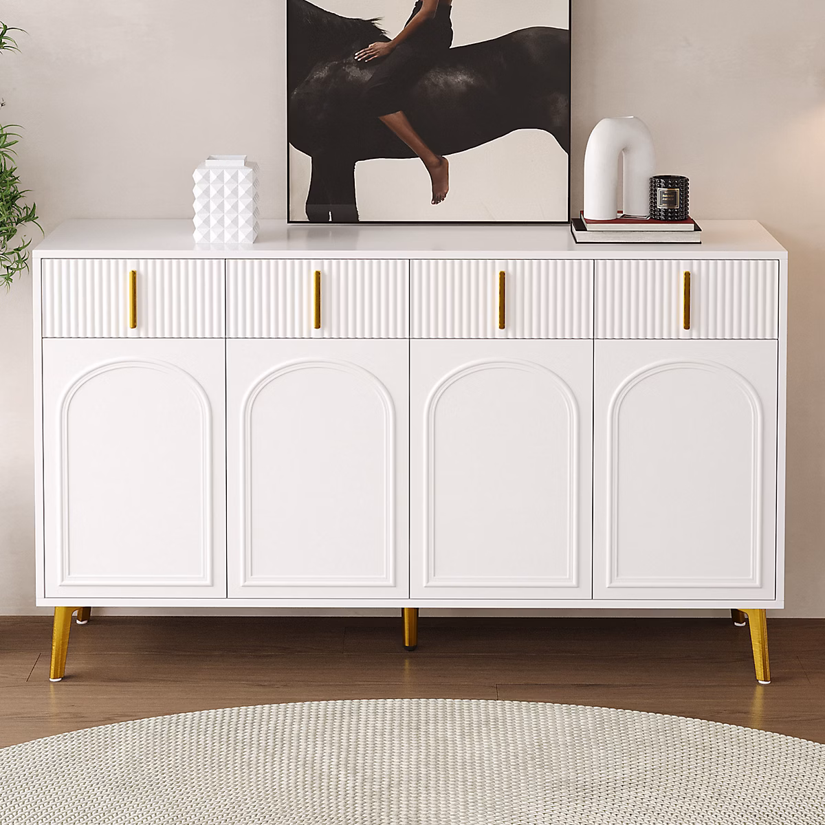 Buffet 140 × 37.8 × 82cm – avec 4 portes, 4 tiroirs, poignées et pieds dorés, stratifié amovible, Blanc