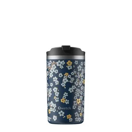 Travel mug isotherme en inox à motifs fleurs bleu nuit Qwetch - 350 ml
