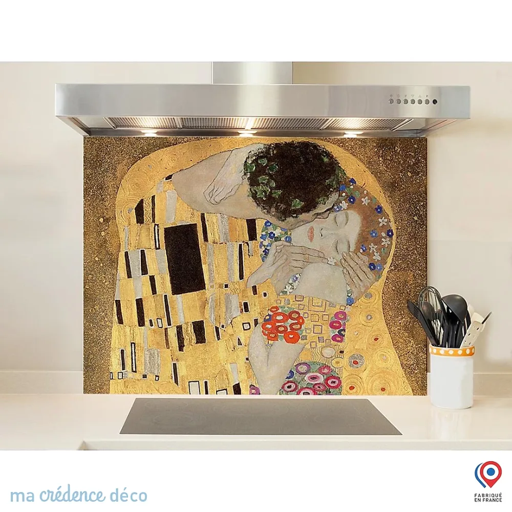 Crédence cuisine fond de hotte Gustav Klimt – Le baiser, Verre trempé, L 90 cm x H 60 cm, MaCrédenceDéco