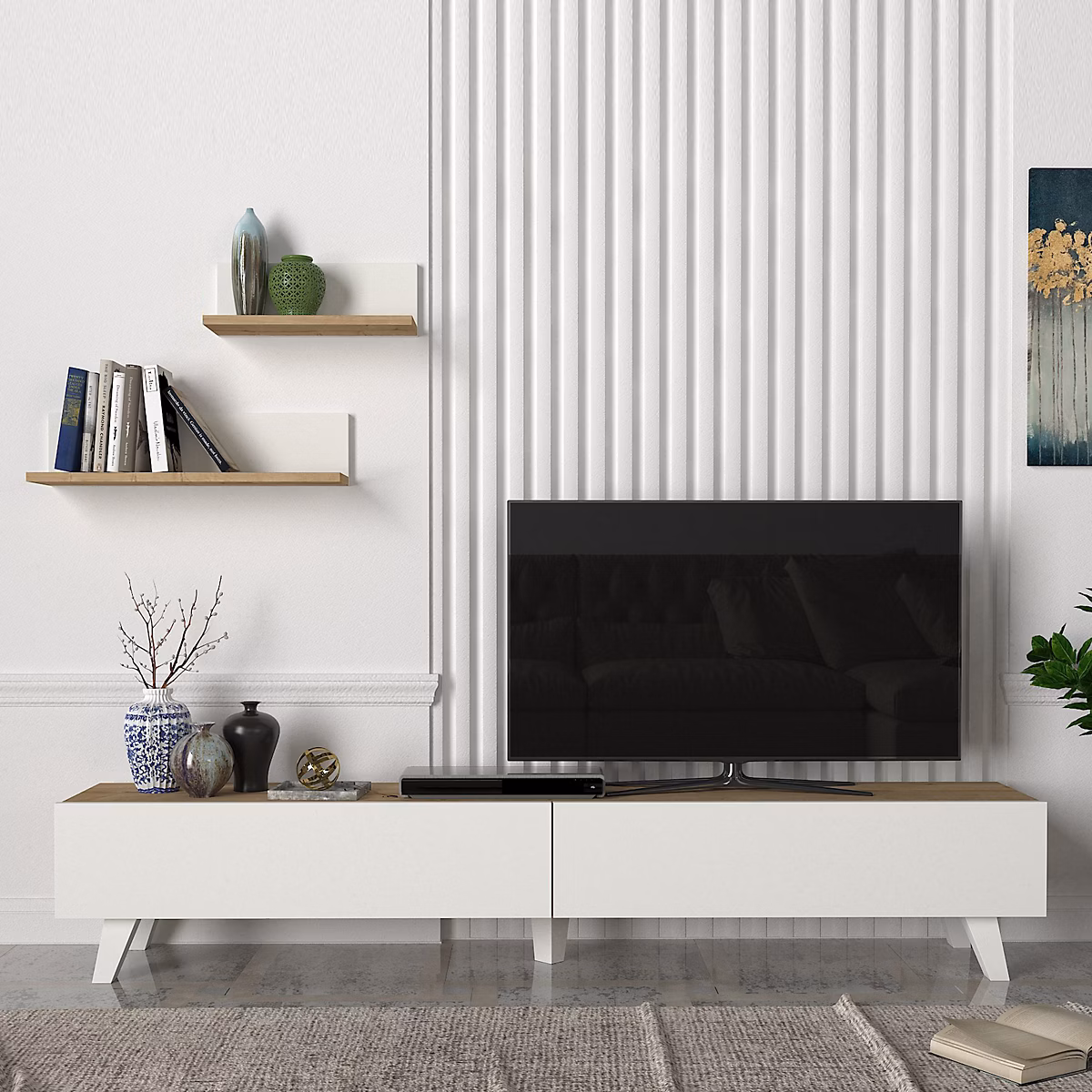 Ensemble meuble TV et 2 étagères Saarijärvi 180 × 31 × 33 cm effet chêne blanc en.casa